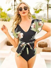 img 1 attached to Stylish Byinns Women's V-Neck One-Piece Swimsuit: Floral Print with Ruffle Sleeves and Belt