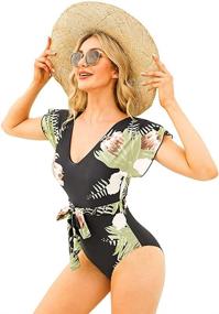 img 4 attached to Stylish Byinns Women's V-Neck One-Piece Swimsuit: Floral Print with Ruffle Sleeves and Belt