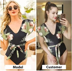 img 2 attached to Stylish Byinns Women's V-Neck One-Piece Swimsuit: Floral Print with Ruffle Sleeves and Belt