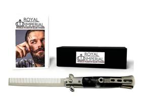 img 2 attached to 🔪 Royal Imperial Metal Switchblade Pocket Folding Flick Hair Comb with Black Pearl Handle - Includes Beard Fact Wallet Book - Nicer Than Butterfly Knife Trainer