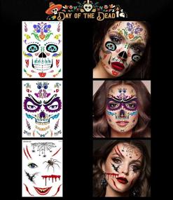 img 2 attached to Halloween Face Tattoos - 12 Packs for Kids, Adults, and Women | Halloween Temporary Tattoos | Day of the Dead Face Tattoos | Easy Application & Removal