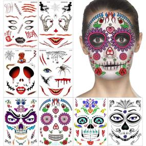 img 4 attached to Halloween Face Tattoos - 12 Packs for Kids, Adults, and Women | Halloween Temporary Tattoos | Day of the Dead Face Tattoos | Easy Application & Removal