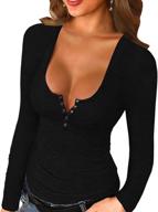 👚 fall long sleeve solid women's scoop neck henley sweatshirt with low cut and sexy button down logo