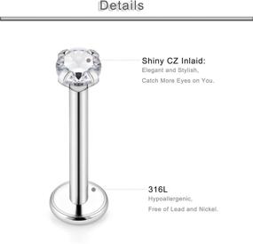 img 2 attached to 💎 Yaalozei Opal CZ Internal Threaded Stainless Steel Labret Monroe Lip Ring Set for Cartilage, Tragus, and Helix - 6PCS 16G Studs in 6mm and 8mm