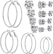 set of 8 pairs women's stud and hoop earrings - gold, silver, and black stainless steel - loop earrings with cubic zirconia cz - 3-6mm studs logo