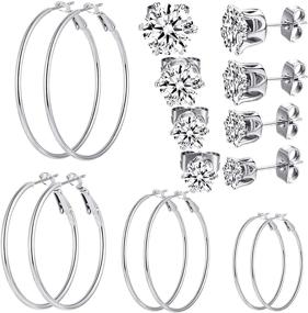 img 4 attached to Set of 8 Pairs Women's Stud and Hoop Earrings - Gold, Silver, and Black Stainless Steel - Loop Earrings with Cubic Zirconia CZ - 3-6mm Studs