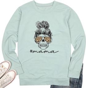 img 3 attached to Women's Mama Shirts Funny Mom Sweatshirt Leopard Skull Graphic Tee Casual Long Sleeve Pullover Tops