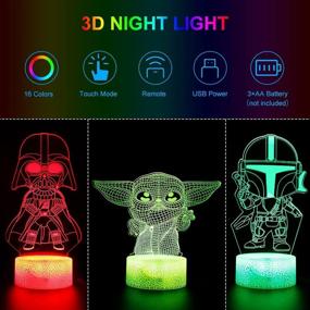 img 3 attached to 🌟 Kids LED Desk Lamp with 3D Illusion Night Light, 3 Patterns & 16 Color Change Decor Nightlight, Baby Yoda/Darth Vader/Stormtrooper Toys - Perfect Gifts for Star Wars Fans and Children