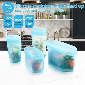 img 3 attached to 🥡 6-Piece Blue Reusable Food Container Silicone Bag Set - 2 Cups, 2 Dishes, 2 Zip Bags | 100% Silicone Reusable Food Bag | Stand Up Preservation Bag | Easy to Clean Rounded Interior