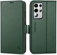 👜 premium genuine leather wallet case with rfid blocking for galaxy s21 ultra 5g - midnight green logo