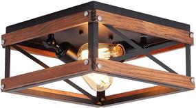 img 4 attached to 🏡 Black Metal and Wood Square Flush Mount Ceiling Light Fixture - Rustic Farmhouse Two-Light for Hallway, Bedroom, Kitchen, Entryway