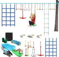 paolfox kids ninja warrior obstacle course 52pcs with 50-foot slackline, hanging monkey bars, fist gym rings, swing rope, ladder, portable outdoor net swing training equipment set for backyard логотип