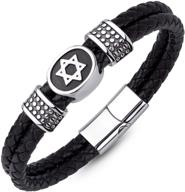 men's braided leather bracelet with stainless steel star of david design by 555jewelry logo