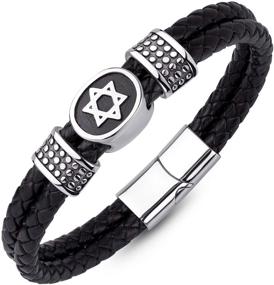 img 4 attached to Men's Braided Leather Bracelet with Stainless Steel Star of David Design by 555Jewelry