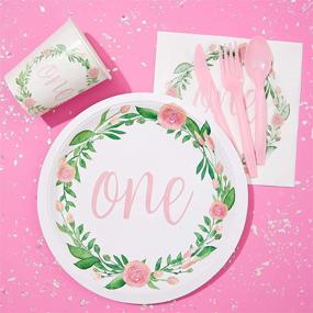 img 3 attached to 🌸 Floral Decorations Set for Girls' First Year Birthday Party: 24-Guest Pack with Plates, Napkins, Cups, and Cutlery (144 Pieces)