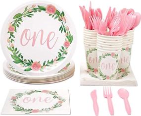 img 4 attached to 🌸 Floral Decorations Set for Girls' First Year Birthday Party: 24-Guest Pack with Plates, Napkins, Cups, and Cutlery (144 Pieces)