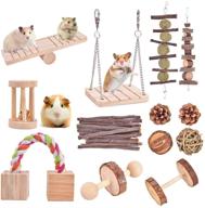 🐹 qukpa hamster chew toys set of 13 - natural pine wooden accessories for small pet cage - ideal for bunny, guinea pig, rat, chinchilla, gerbils - dumbbells, exercise bell, roller teeth care molar toy логотип