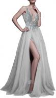 deep v neck sequins beads tulle and lace high split evening gown - prom, bridal & wedding dress logo