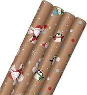 hallmark kraft christmas wrapping paper for kids with cut lines on reverse (4 rolls: 88 sq. ft. total) featuring penguins, santa, snowmen, and polka dots logo