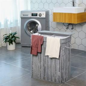 img 2 attached to 🧺 SONGMICS Double Laundry Hamper with Lid, Divided Laundry Basket with Handles, Bamboo Hamper with Liner for Laundry Room, Bedroom, 100L, Distressed Gray - ULCB64GW