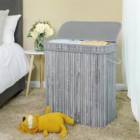 img 3 attached to 🧺 SONGMICS Double Laundry Hamper with Lid, Divided Laundry Basket with Handles, Bamboo Hamper with Liner for Laundry Room, Bedroom, 100L, Distressed Gray - ULCB64GW