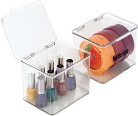 img 4 attached to 💄 mDesign Clear Plastic Stackable Bathroom Vanity Countertop Organizer Box (Set of 2) - Makeup, Beauty, Hair, Nail Storage Container with Labels