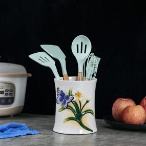 img 2 attached to 🦋 Lily Butterfly Ceramic Utensil Holder - Large Utensil Crock 5.9 x 6.9 Inches, Sturdy and Tip-Proof Design, Exquisite Hand-painted Home Décor