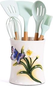 img 1 attached to 🦋 Lily Butterfly Ceramic Utensil Holder - Large Utensil Crock 5.9 x 6.9 Inches, Sturdy and Tip-Proof Design, Exquisite Hand-painted Home Décor