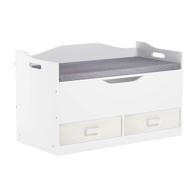 timy white wooden toy box with bench seat, 2 reversible baskets, and safety hinge: efficient toy storage chest for kids logo