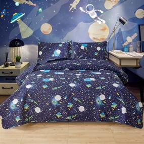 img 4 attached to 🚀 Set of 3 Lightweight Twin Size Space Quilts for Kids, featuring Moon, Star, and Galaxy Designs - Perfect Spaceship UFO Boys Bedspread, Ideal Summer Constellation Coverlet Bed Cover Set for Teens