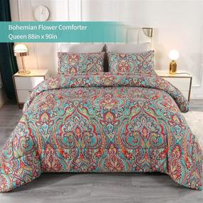 img 3 attached to 🌸 Bohemian Floral Comforter Set Queen Size 3 Pieces - Lovely Boho Reversible Bedding Set with Queen Comforter, Pillowcases - Suitable for Teen Boys, Girls, and Kids - Quilted Bedspread, Queen Bedding with Eye-catching Design