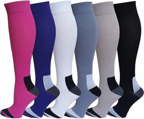 img 1 attached to 6 Pairs Pack Mild Compression Knee High Socks (Assorted Colors) - Sports, Travel, Anti-Fatigue, Graduated Compression 8-15 mm Hg - Size 9-11