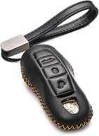 🔑 vitodeco smart key fob case with leather key strap - genuine leather, compatible with porsche 718, porsche 911, porsche panamera, porsche cayenne (3-button, black) logo