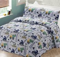 🏗️ 2pc construction themed twin bedspread set for kids/teens - crane trucks, cement truck - white, blue, green, black, grey - new logo