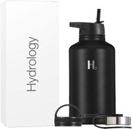 💧 h2 hydrology water bottle - 64 oz, black, double wall insulated stainless steel, wide mouth sports thermos with 3 lids - hot &amp; cold logo