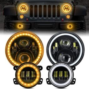 img 4 attached to 🚙 7-дюймовые круглые фары LED Halo с 4-дюймовыми туманными фарами Halo для Jeep Wrangler 1997-2017 JK JKU TJ LJ Rubicon Sahara Unlimited: белый свет дневных ходовых огней/желтый сигнал поворота, дальний/ближний свет.
