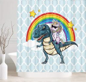 img 1 attached to 🦄 Funny Kids Shower Curtain: Adorable Unicorn Riding Cute Dinosaur with Rainbow Design - Polyester Fabric Cartoon Bathroom Shower Curtain Set with 12PCS Hooks - Teal Blue (69"X70")