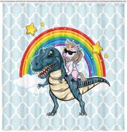🦄 веселая детская штора для душа: прелестный единорог верхом на милом динозавре с дизайном радуги - набор полиэстеровых штор для ванны с картиными мотивами и 12 крючками - бирюзовый цвет (69" x 70") логотип