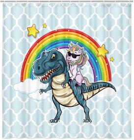 img 3 attached to 🦄 Funny Kids Shower Curtain: Adorable Unicorn Riding Cute Dinosaur with Rainbow Design - Polyester Fabric Cartoon Bathroom Shower Curtain Set with 12PCS Hooks - Teal Blue (69"X70")
