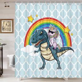 img 2 attached to 🦄 Funny Kids Shower Curtain: Adorable Unicorn Riding Cute Dinosaur with Rainbow Design - Polyester Fabric Cartoon Bathroom Shower Curtain Set with 12PCS Hooks - Teal Blue (69"X70")