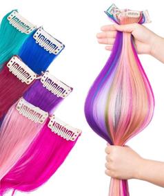 img 1 attached to Vibrant 24 Inch Rainbow Colored Hair Extensions: Synthetic Straight Hairpiece for Women, Girls, and Kids - Perfect Gift for Parties, Multi-Color Clip-In Extensions