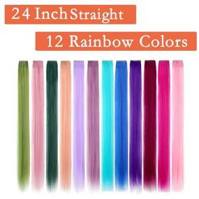 img 3 attached to Vibrant 24 Inch Rainbow Colored Hair Extensions: Synthetic Straight Hairpiece for Women, Girls, and Kids - Perfect Gift for Parties, Multi-Color Clip-In Extensions