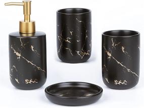 img 4 attached to 🛁 BREIS Bathroom Accessory Set, 4-Piece Modern Marble Décor Countertop Organizers with Toothbrush Holder, Lotion Dispenser, Soap Dish, and Tumbler in Elegant Black