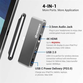 img 3 attached to 🔌 4-in-1 USB C Hub Adapter for iPad Pro 12.9", iPad Air 4 - HDMI 4K@60Hz, PD Charging, USB2.0, 3.5mm Headphone Jack