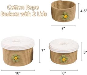 img 3 attached to 📦 LixinJu Set of 3 Small Decorative Cotton Rope Baskets with Lids - Floral Organizing Storage Bins for Shelves, Baby Nursery, Kids Toys - Round Woven Covered Basket in Brown
