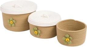 img 2 attached to 📦 LixinJu Set of 3 Small Decorative Cotton Rope Baskets with Lids - Floral Organizing Storage Bins for Shelves, Baby Nursery, Kids Toys - Round Woven Covered Basket in Brown