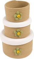 📦 lixinju set of 3 small decorative cotton rope baskets with lids - floral organizing storage bins for shelves, baby nursery, kids toys - round woven covered basket in brown logo