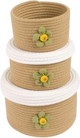 img 4 attached to 📦 LixinJu Set of 3 Small Decorative Cotton Rope Baskets with Lids - Floral Organizing Storage Bins for Shelves, Baby Nursery, Kids Toys - Round Woven Covered Basket in Brown