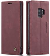 📱 s9 wallet case for samsung galaxy s9 - magnetic flip stand, genuine leather cover with card slots - wine red logo