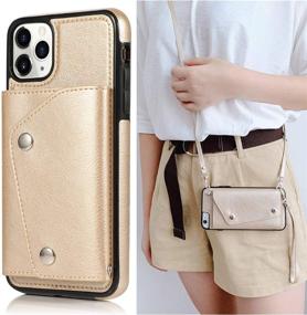 img 4 attached to 📱 LUVI iPhone 11 Pro Card Holder Case: Crossbody with Neck Strap & Wrist Strap, Gold PU Leather Wallet Cover with Credit Card Slot